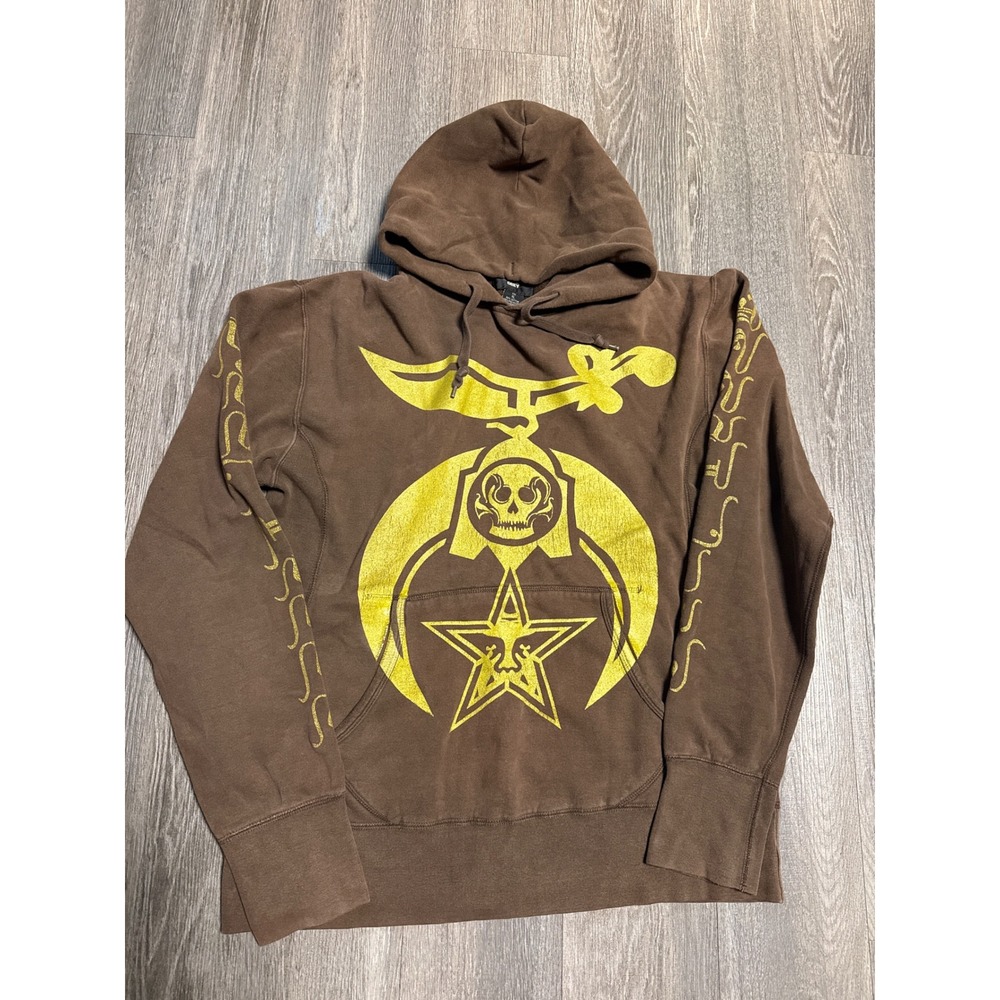 Obey Mens XL Brown Graphic Hoodie Skull Crescent Moon Star Streetwear Pullover
